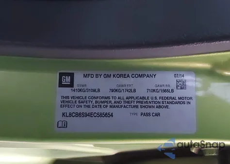 2014 Chevrolet Spark Ls Auto из США, поврежденный, VIN KL8CB6S94EC585654